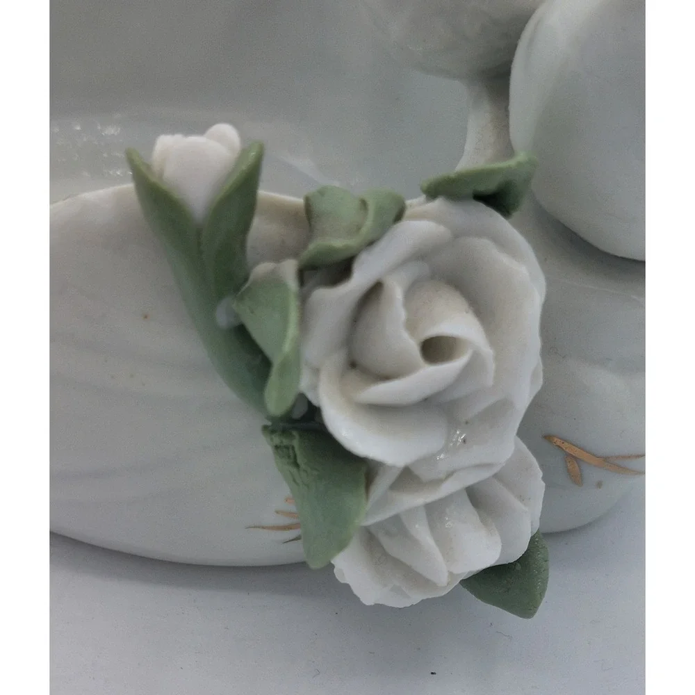 Vtg Porcelain Trinket Dish Planter Dove Birds Raised Flowers White Gold Trim